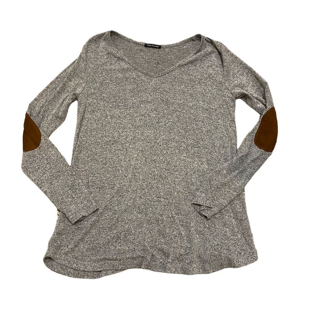 Pink Clover Women's Pullover Sweater with Elbow Patches, Gray, Size S